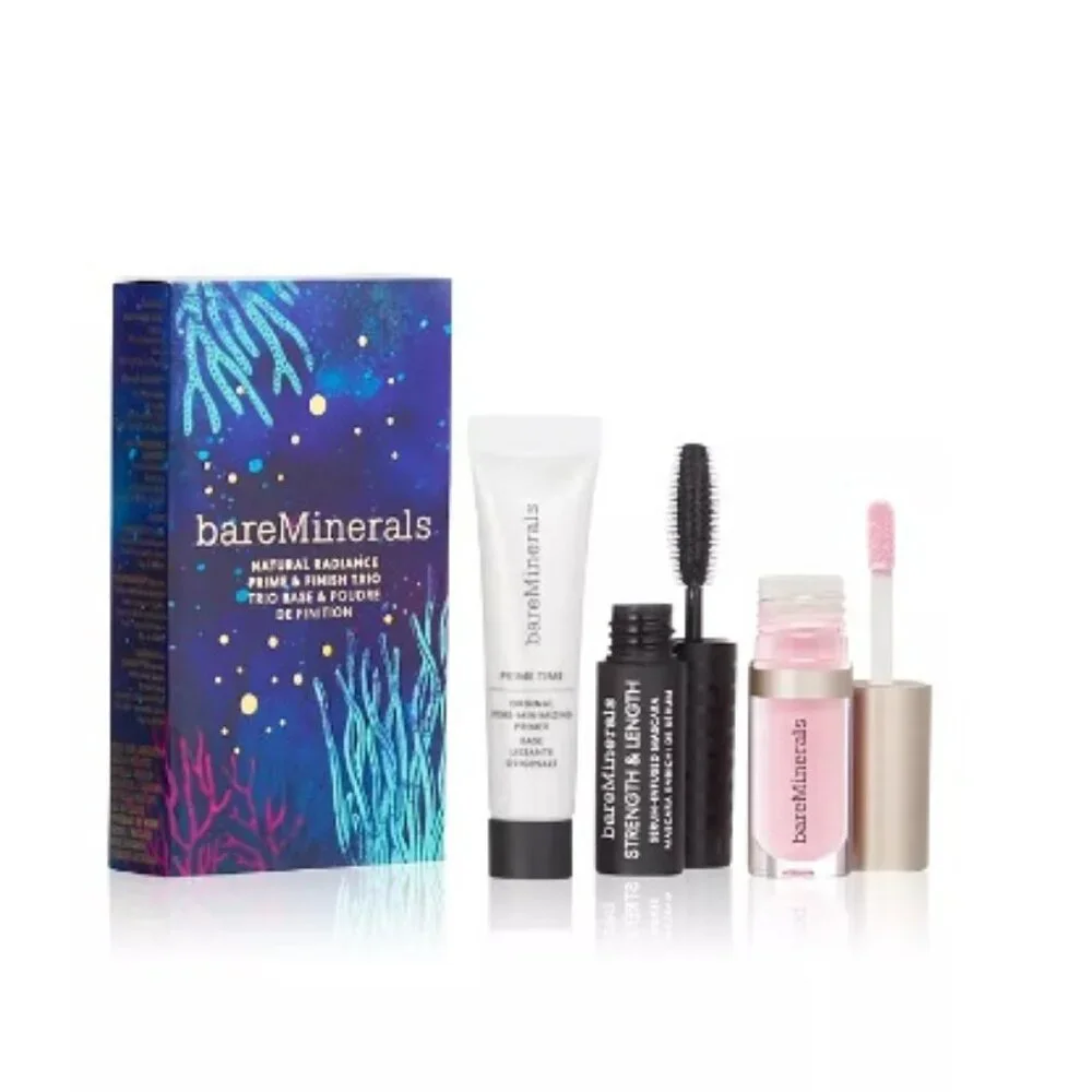 BareMinerals Natural Radiance Prime Set- Primer,Mascara, Lip Gloss-3pc-BOXED-NEW